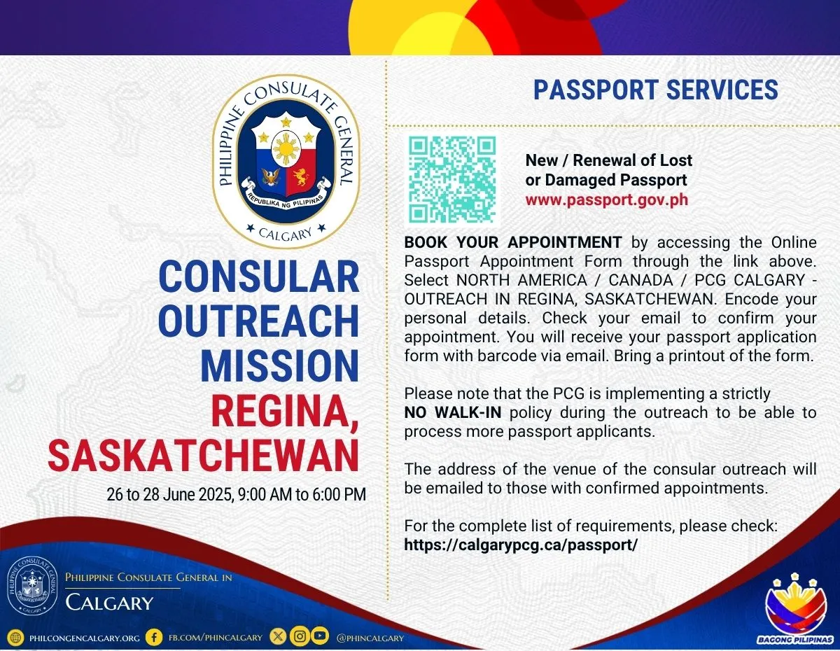 Consular Outreach Mission in Regina, Saskatchewan on 26 to 28 June 2025, 9:00am to 6:00pm